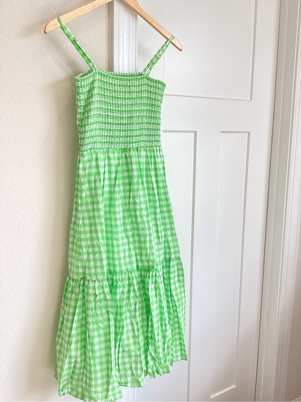 J Crew Smocked Sleeveless Tiered Midi Dress XS Gingham Green White - Picture 6 of 8